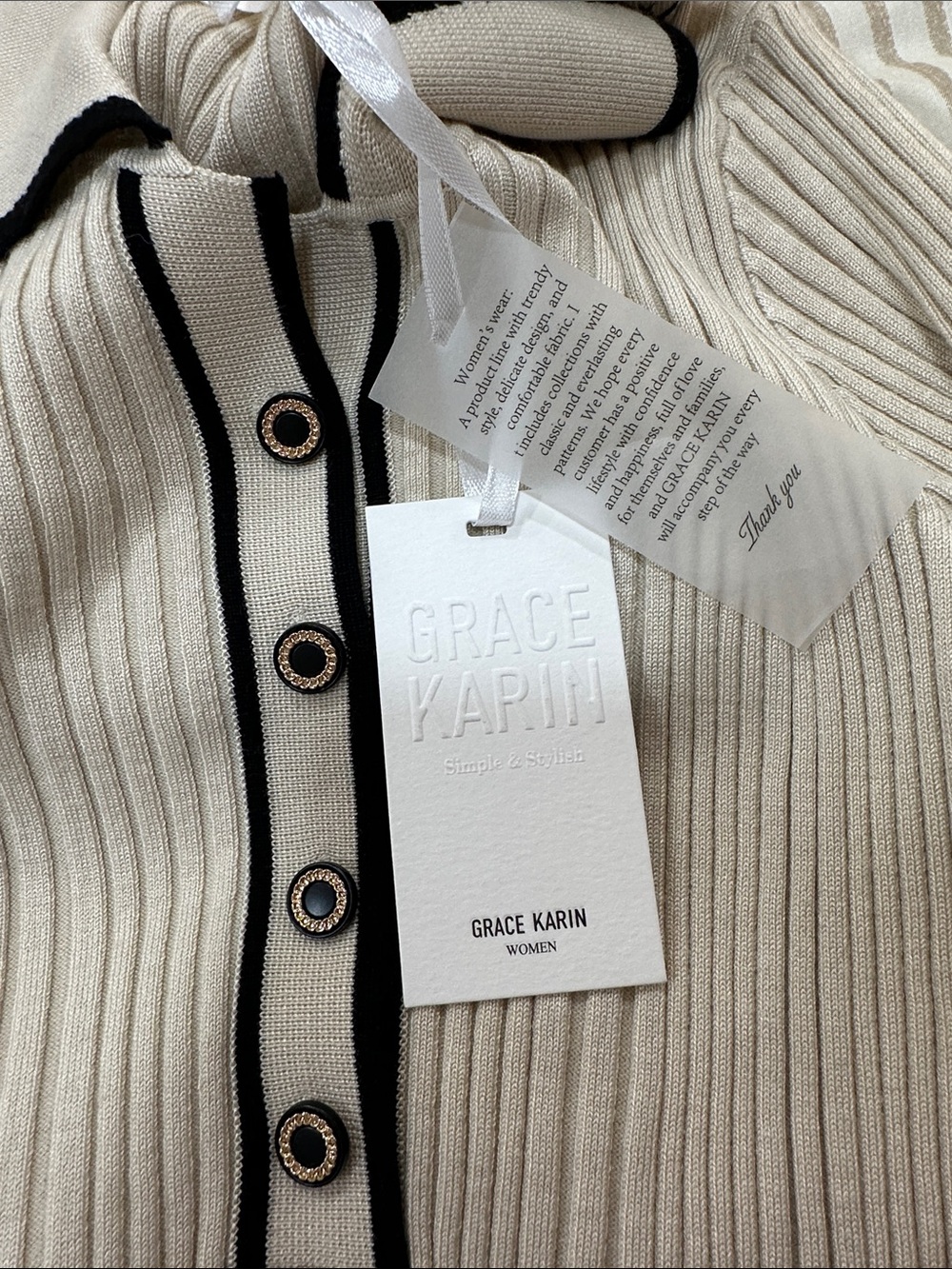 Grace Karin Beige Ribbed Polo Midi Dress with Black Trim - Picture 7 of 7